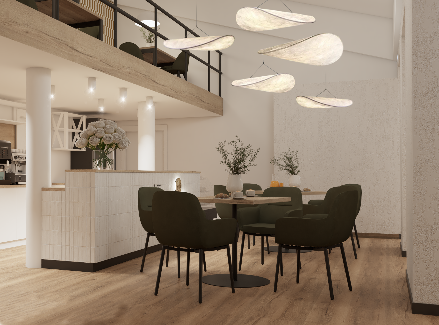 Wąska sypialnia z podświetlonym sufitem